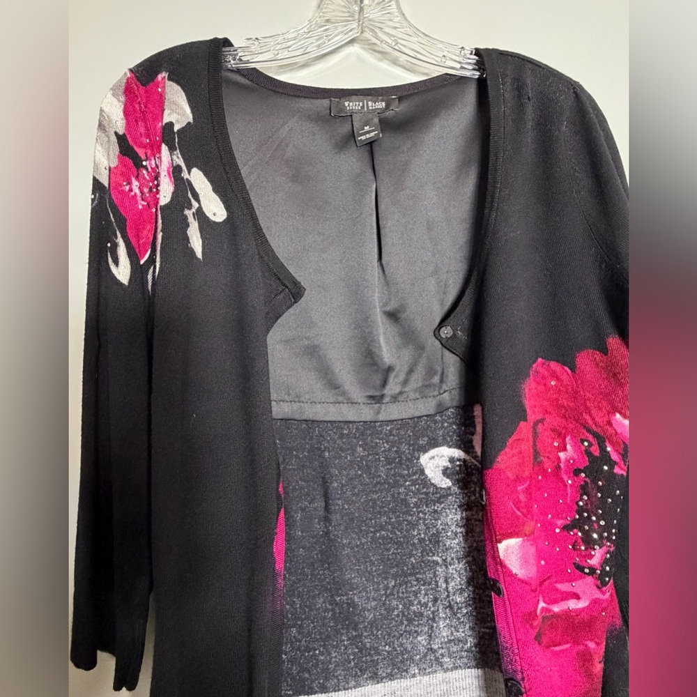 White House Black Market Black and Pink Floral Cardigan Size M - Picture 10 of 12